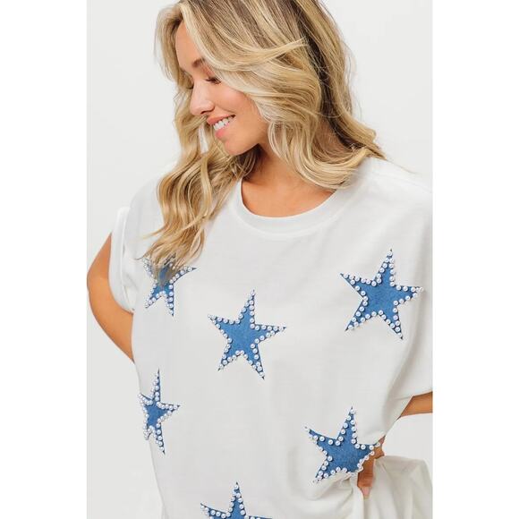 BiBi Fourth Of July Theme Rhinestone French Terry Round Neck T-Shirt | Off White - Picture 7 of 7
